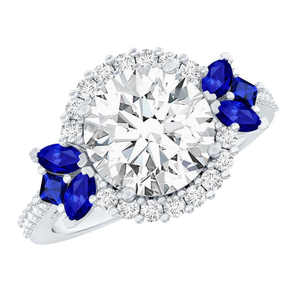 Sterling Silver Moissanite 3 Carat Engagement Ring with Lab Grown Blue Sapphire