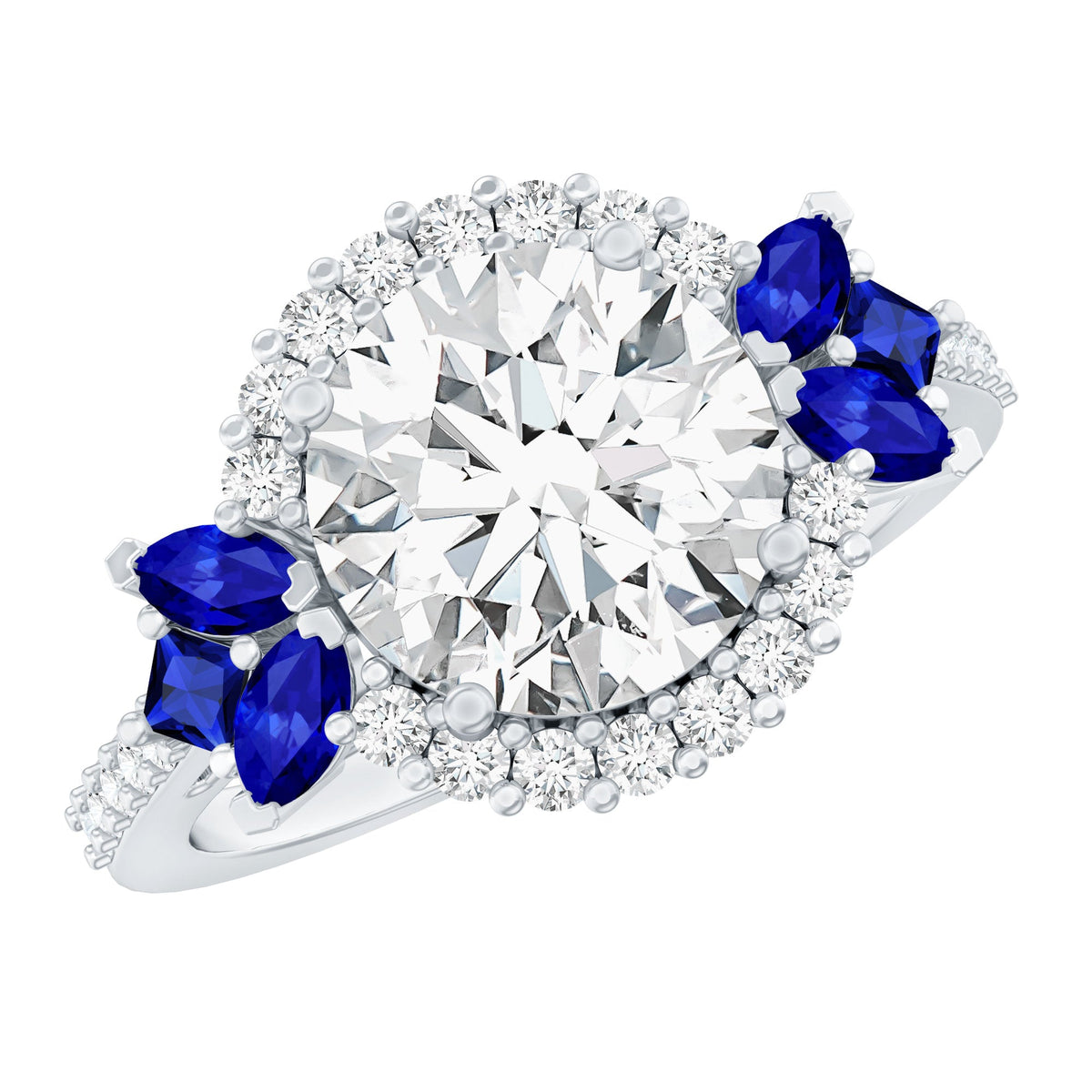 Sterling Silver Moissanite 3 Carat Engagement Ring with Lab Grown Blue Sapphire