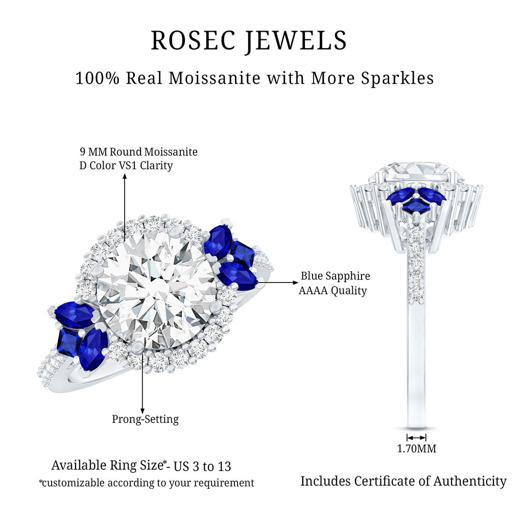 Sterling Silver Moissanite 3 Carat Engagement Ring with Lab Grown Blue Sapphire