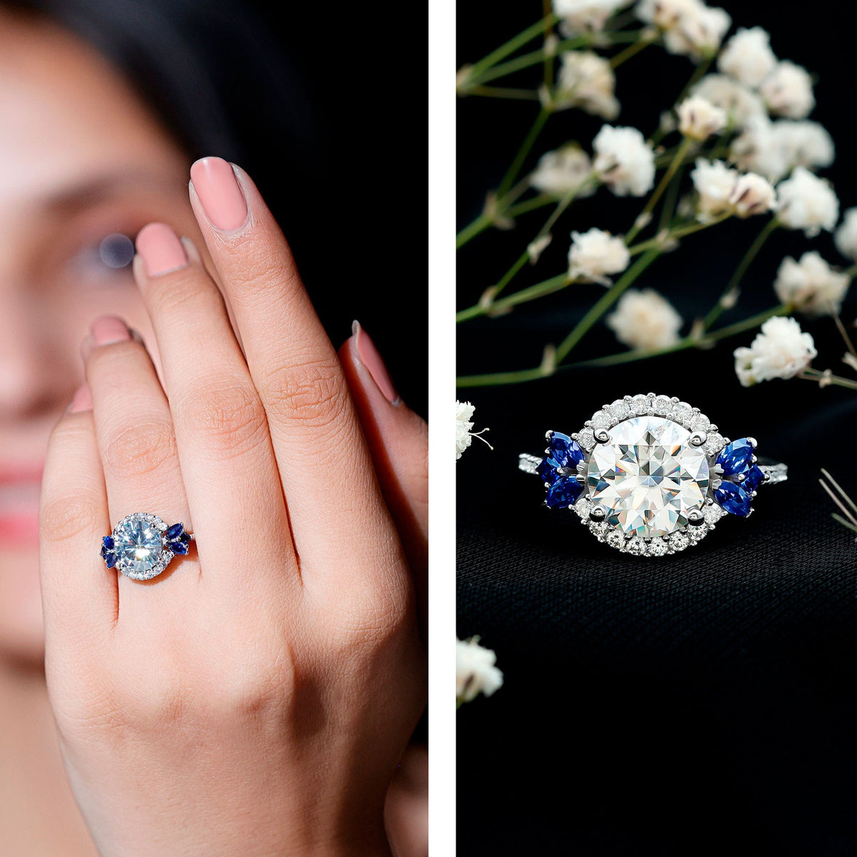 Sterling Silver Moissanite 3 Carat Engagement Ring with Lab Grown Blue Sapphire
