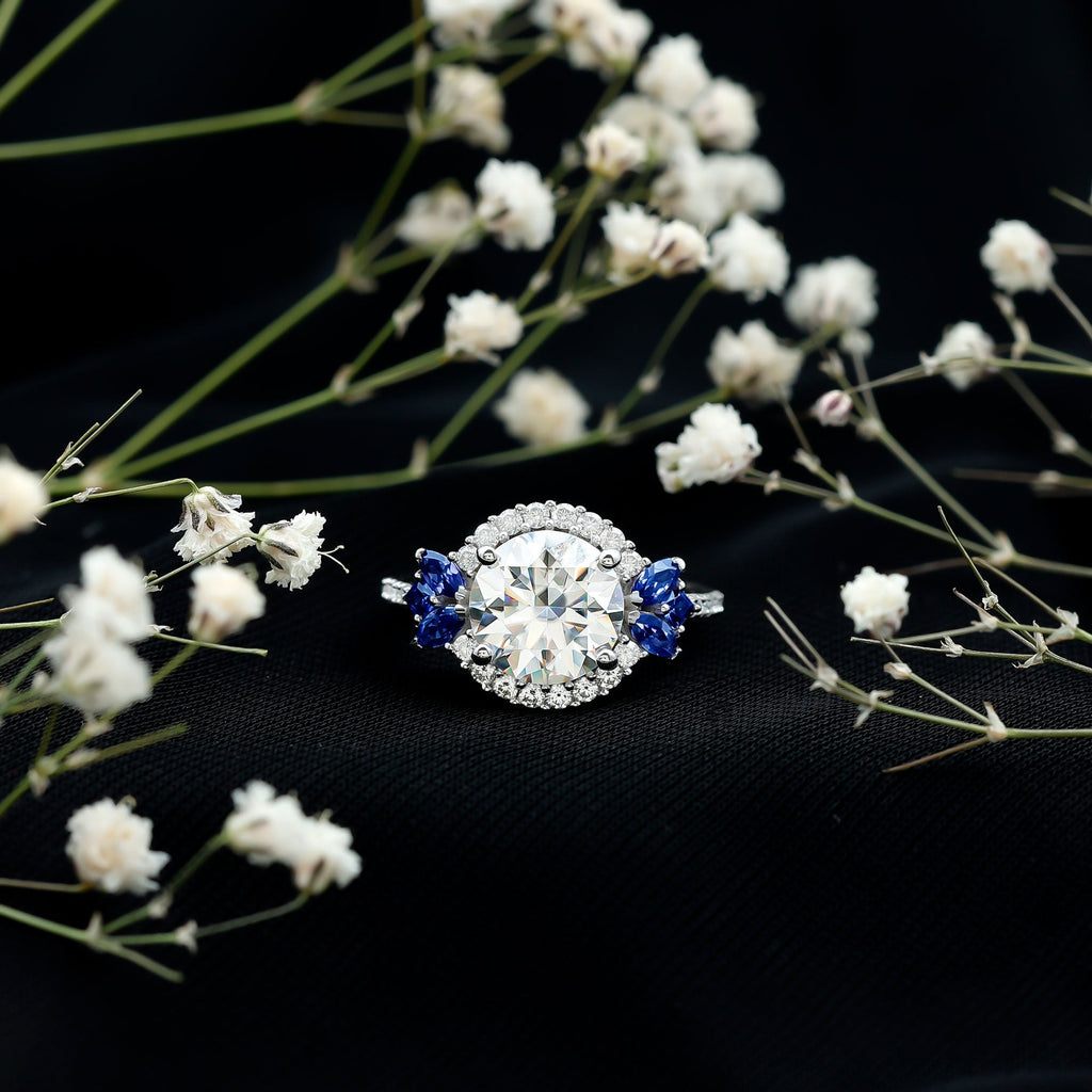 Sterling Silver Moissanite 3 Carat Engagement Ring with Lab Grown Blue Sapphire