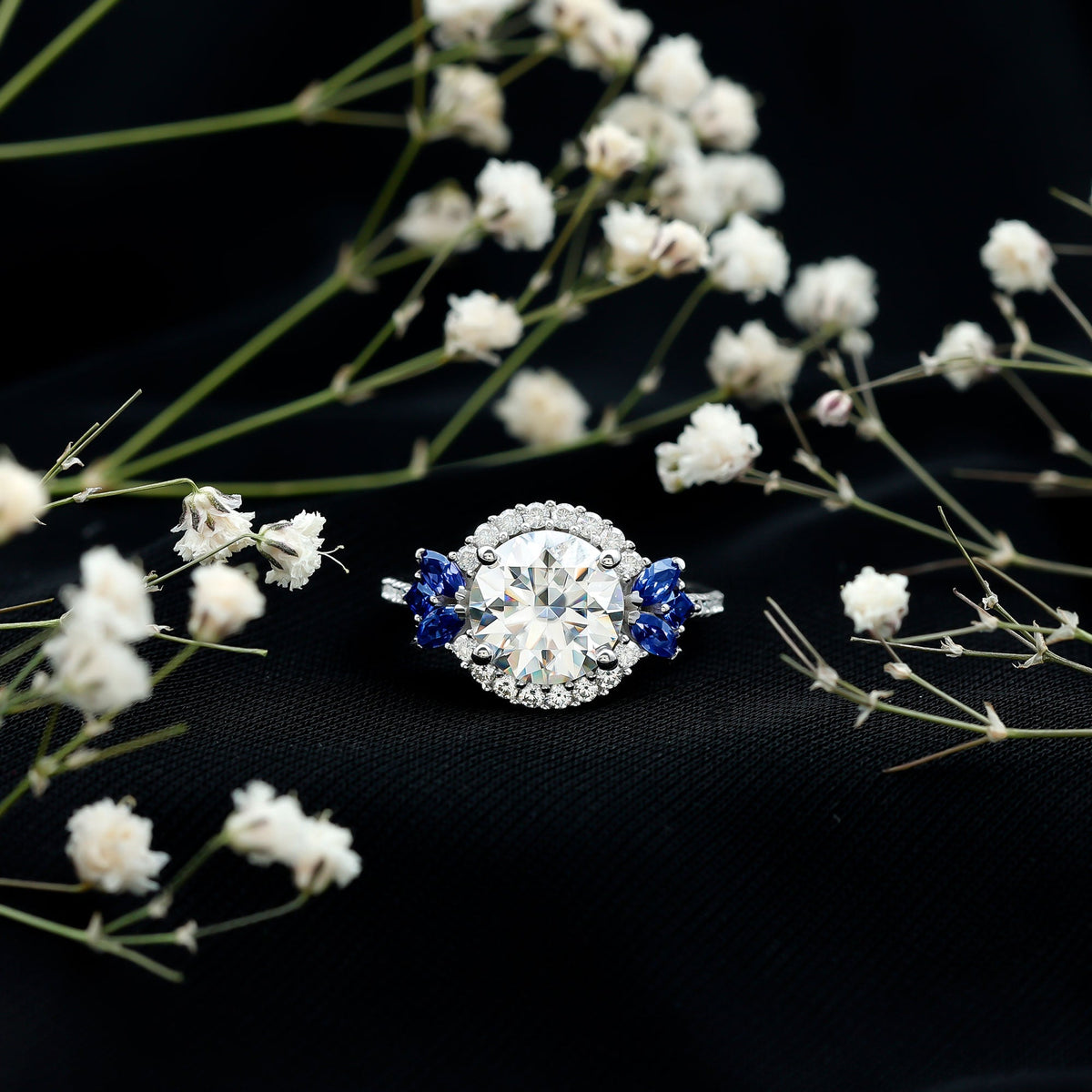 Sterling Silver Moissanite 3 Carat Engagement Ring with Lab Grown Blue Sapphire