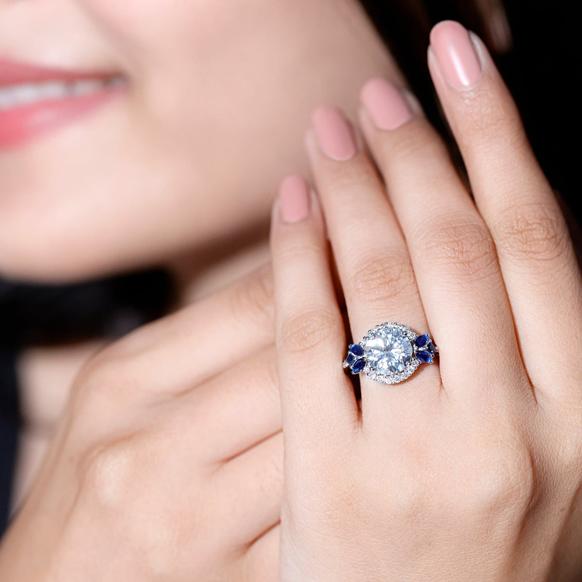 Sterling Silver Moissanite 3 Carat Engagement Ring with Lab Grown Blue Sapphire