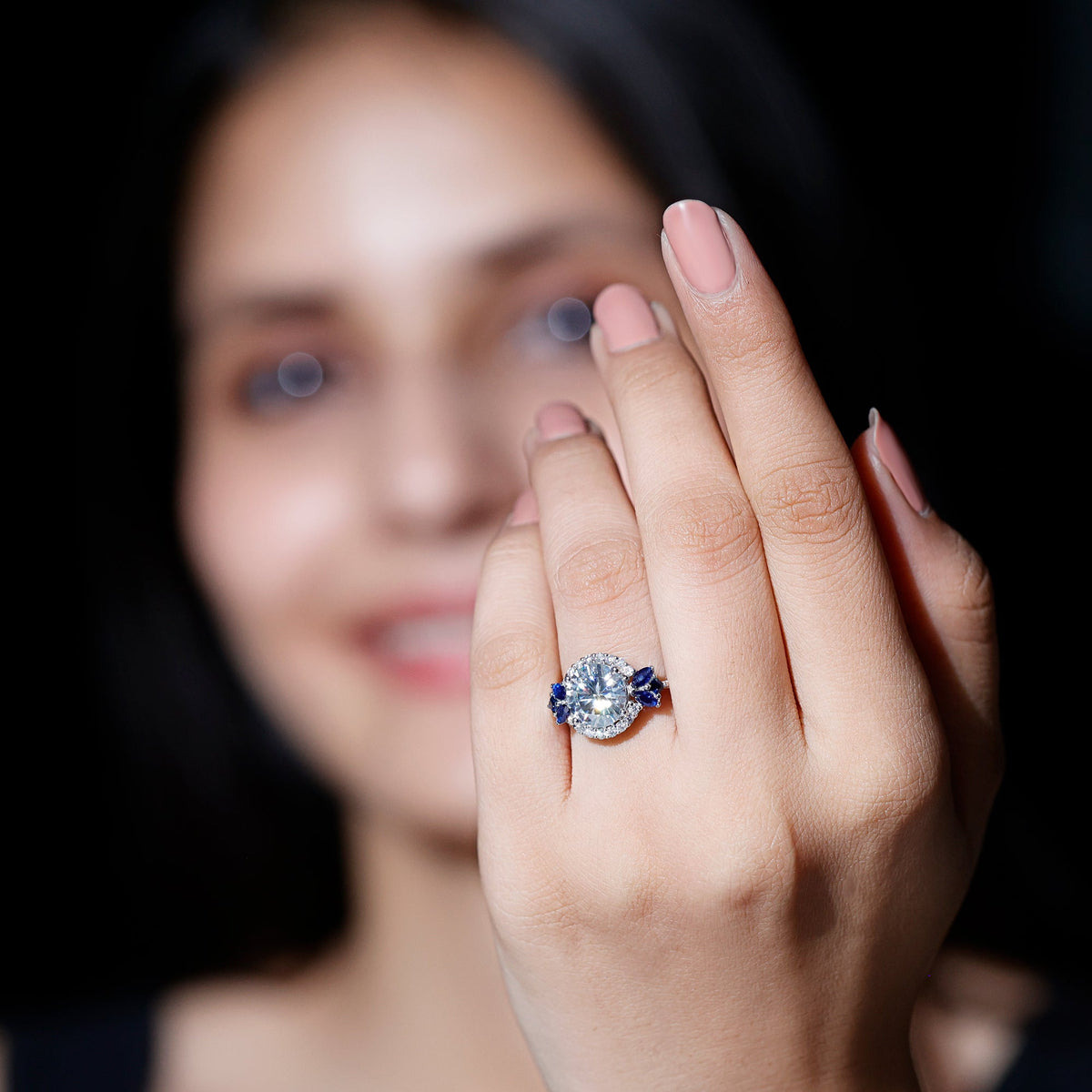 Sterling Silver Moissanite 3 Carat Engagement Ring with Lab Grown Blue Sapphire